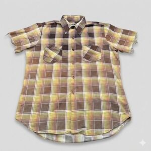 Vintage JCPenney Mens Plaid Button Down Shirt Brown Green Distressed Cotton M